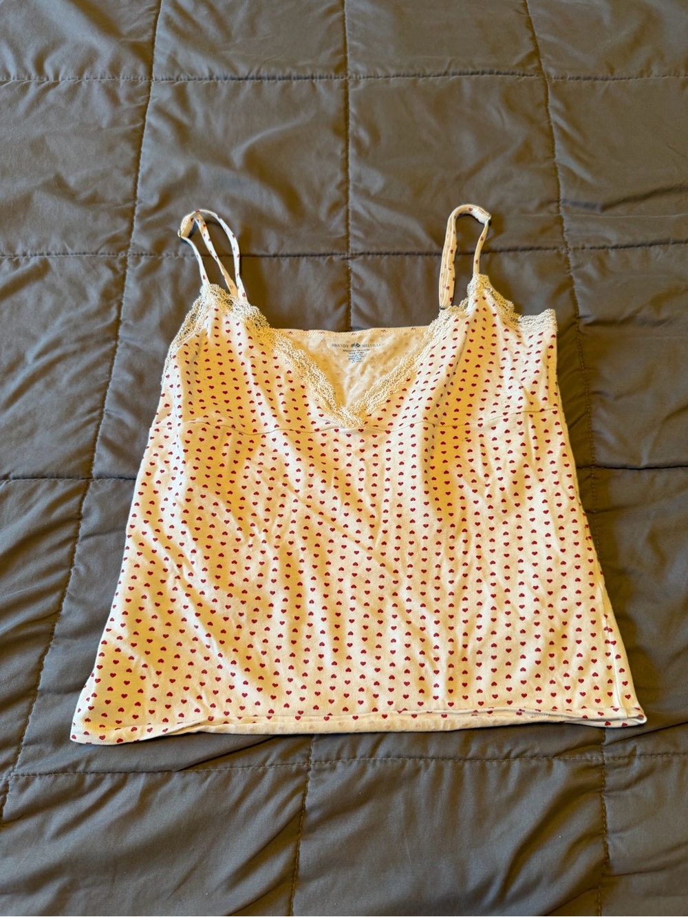 Brandy Melville Cream Cami with Red Heart Print and Lace Trim